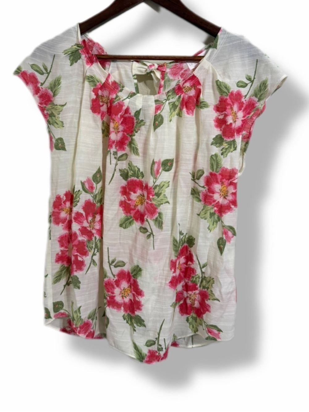 LC Lauren Conrad Floral Blouse Pink Rose Hibiscus Style Tie Neck Top S